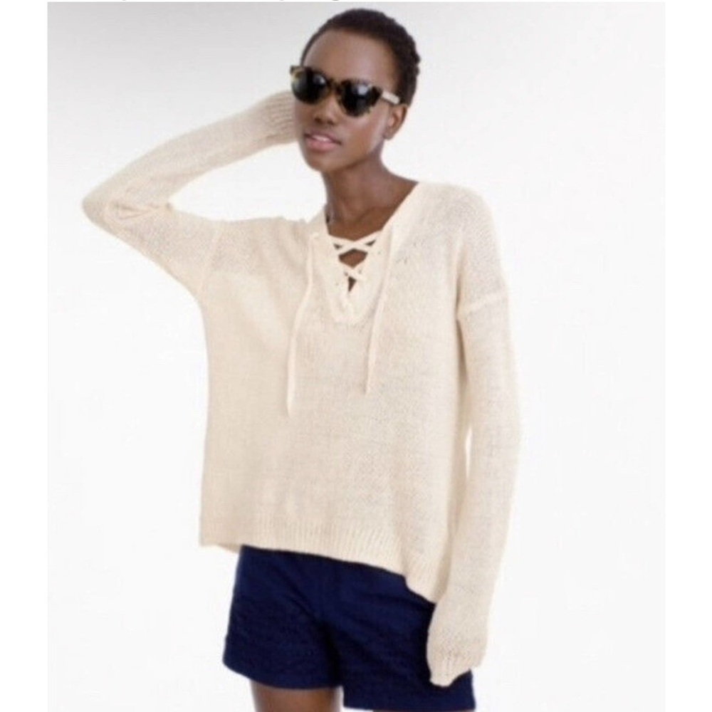 J. Crew linen Cream Lace-Up open weave Sweater